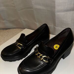 White Mountain Chunky Heeled Loafers with Gold Chain Detail